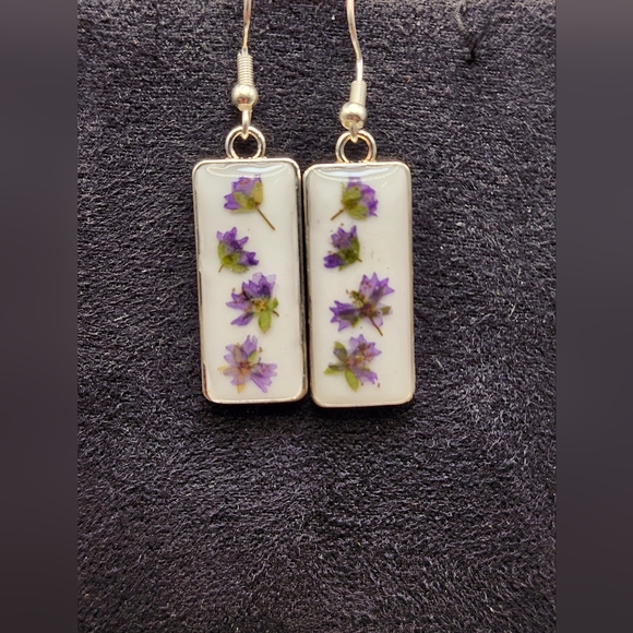 Hand Crafted Jewelry - Real Pressed Purple Flower Rectangular Earrings